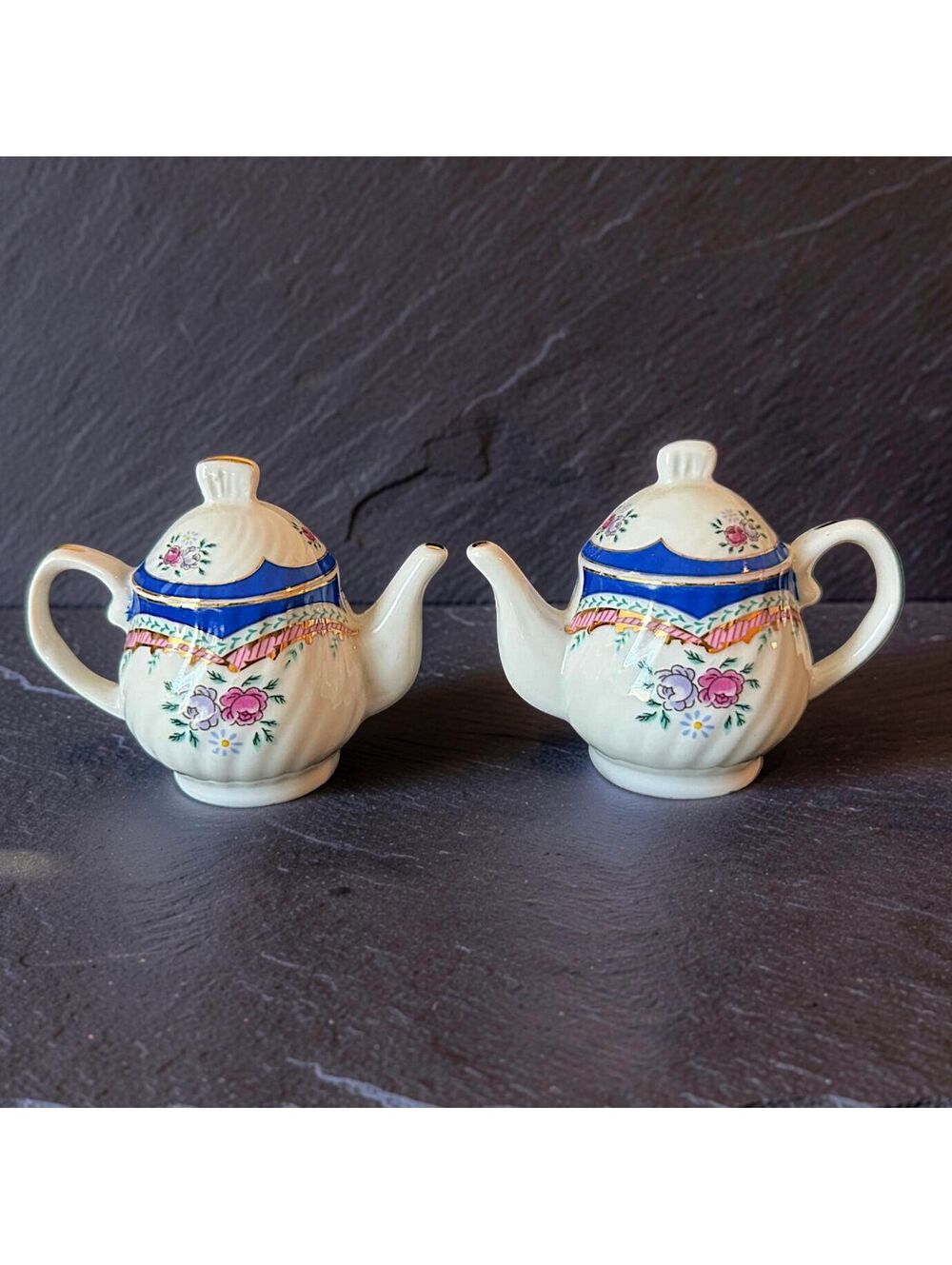 Vintage Pair of Miniature Floral Porcelain Teapots Blue Pink Gold Trim 3"